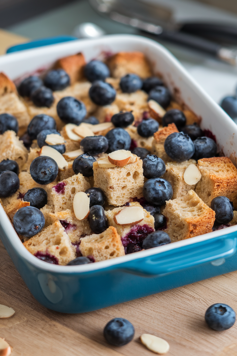 Casserole dish indoors showing baked whole-grain bread cubes with blueberries and almond slices, no text or logos