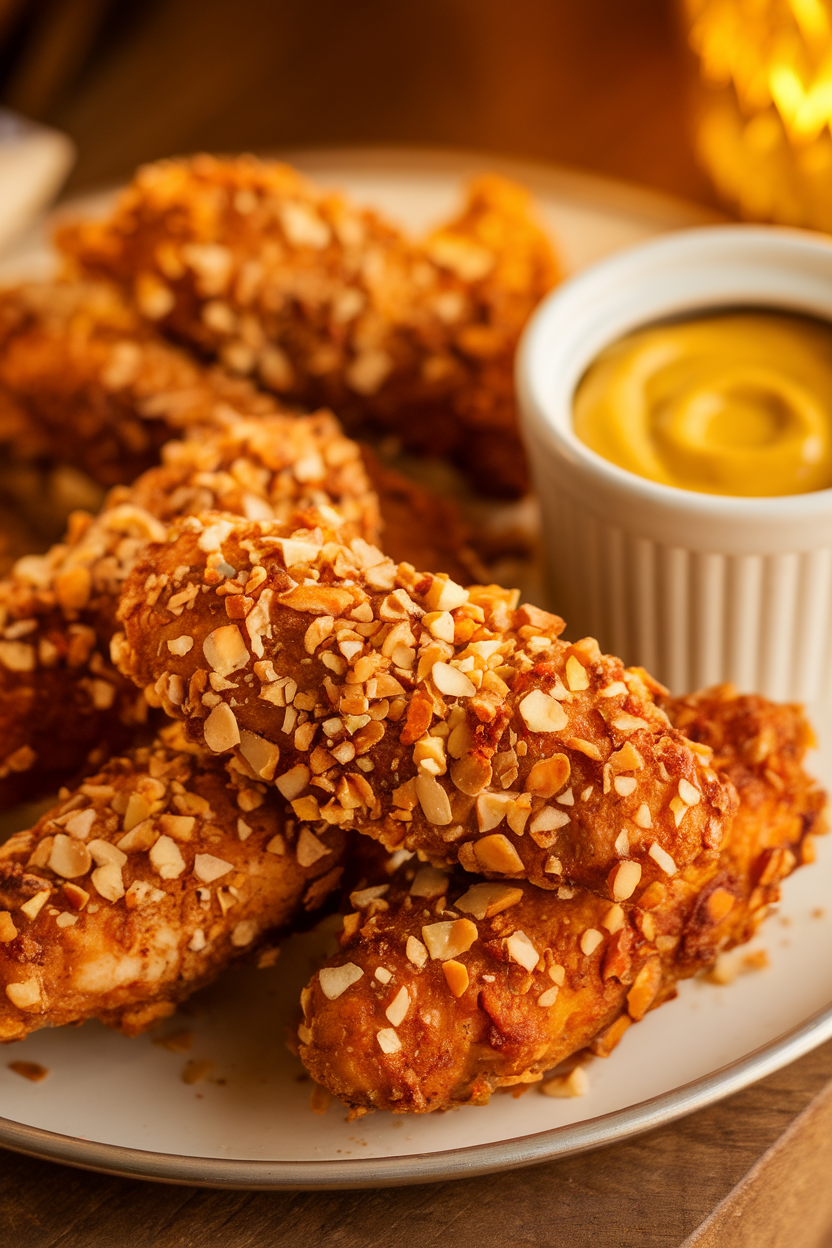 Indoor platter of baked chicken tenders coated in crushed almonds, with a ramekin of honey mustard sauce. No text or logos in frame.
