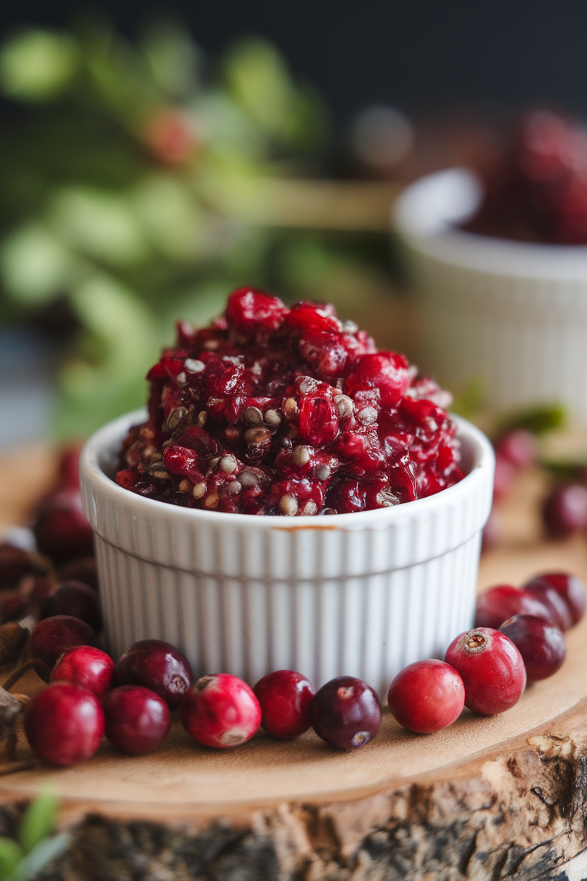 A small ramekin of thick cranberry-chia relish with visible seeds, indoors. No text or logos.