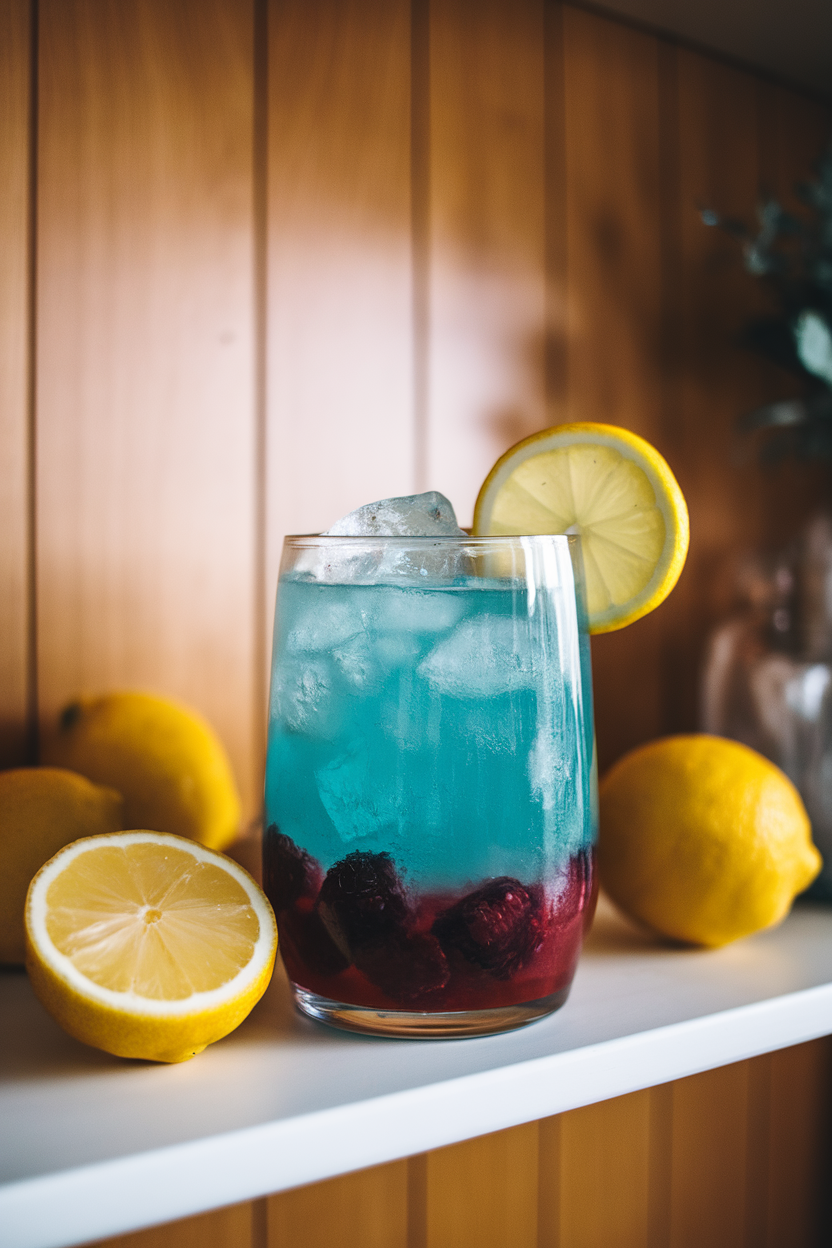 Indoor bar shelf with a hurricane glass of vivid turquoise blueberry-lemon cooler, crushed ice, lemon wheel on rim. Photo, no text or logos.