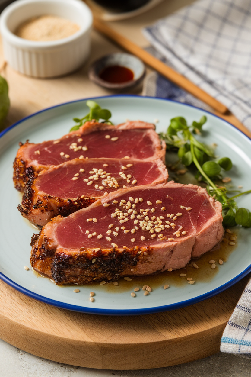 Plate of cooked tuna steak with caramelized edges, brushed with miso glaze, sesame seeds sprinkled, indoor scene, no text or logos.