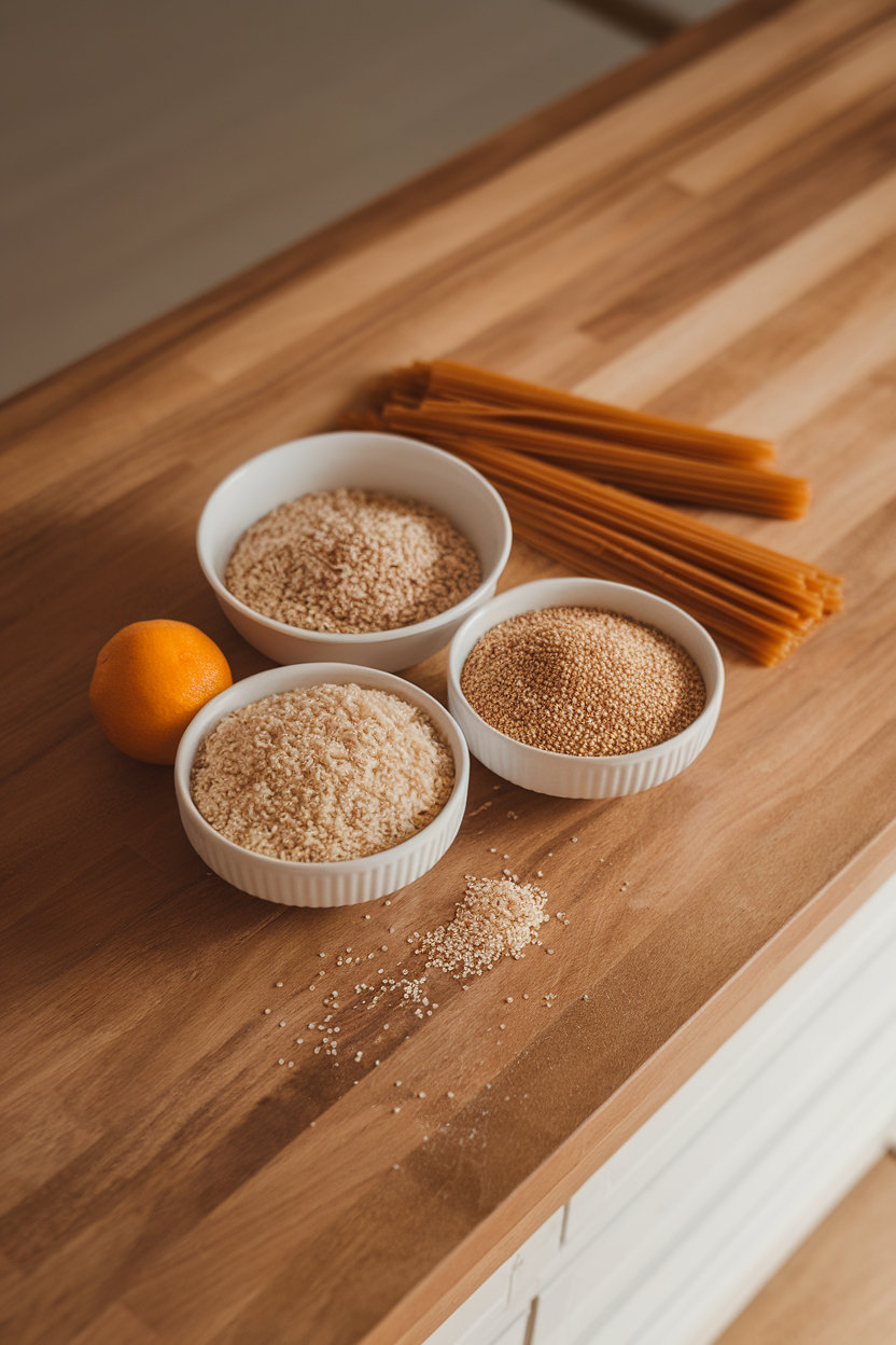 Photo prompt: A wooden indoor countertop displaying separate bowls of brown rice, quinoa, and whole-wheat pasta, warm overhead lighting, no brands or labels visible.