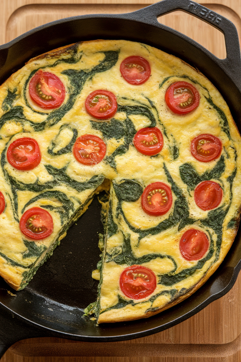 An indoor cast-iron skillet frittata with visible cherry tomato halves and spinach swirls, slice cut out. No text or logos. Photo only.