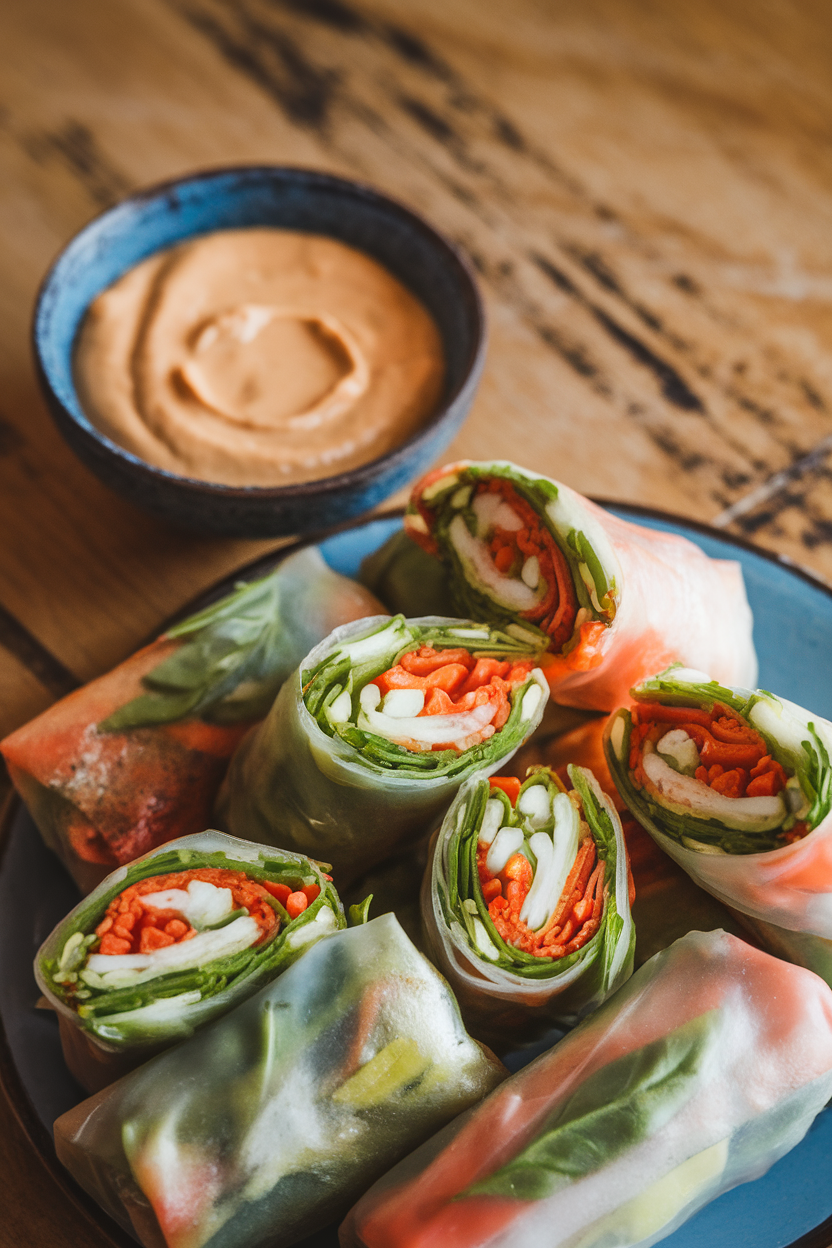 Indoor photo of halved cooked vegetable spring rolls on a platter with a bowl of creamy peanut sauce. No text or logos.