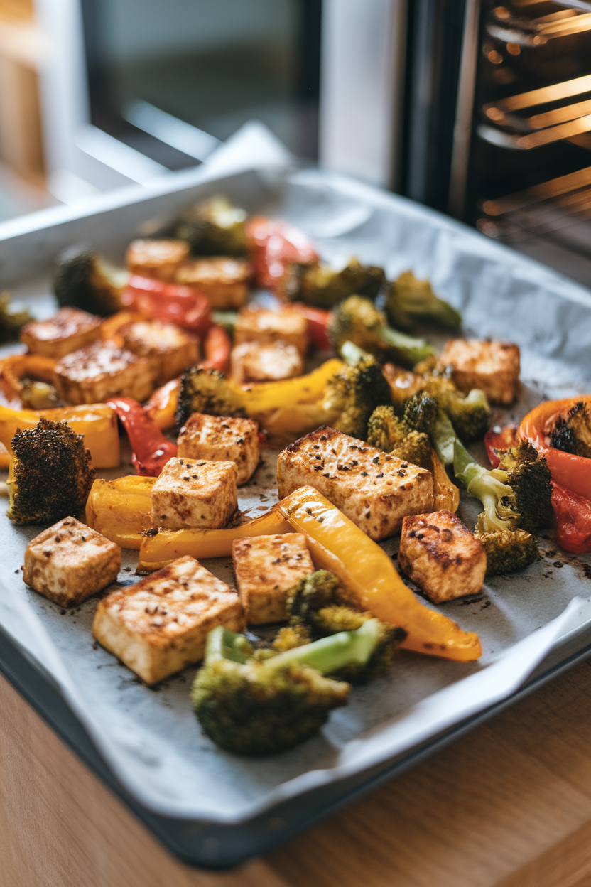 Sheet pan lined with parchment showing roasted tofu cubes, bell peppers, and broccoli, sesame seeds sprinkled, indoor oven setting, no text or logos.
