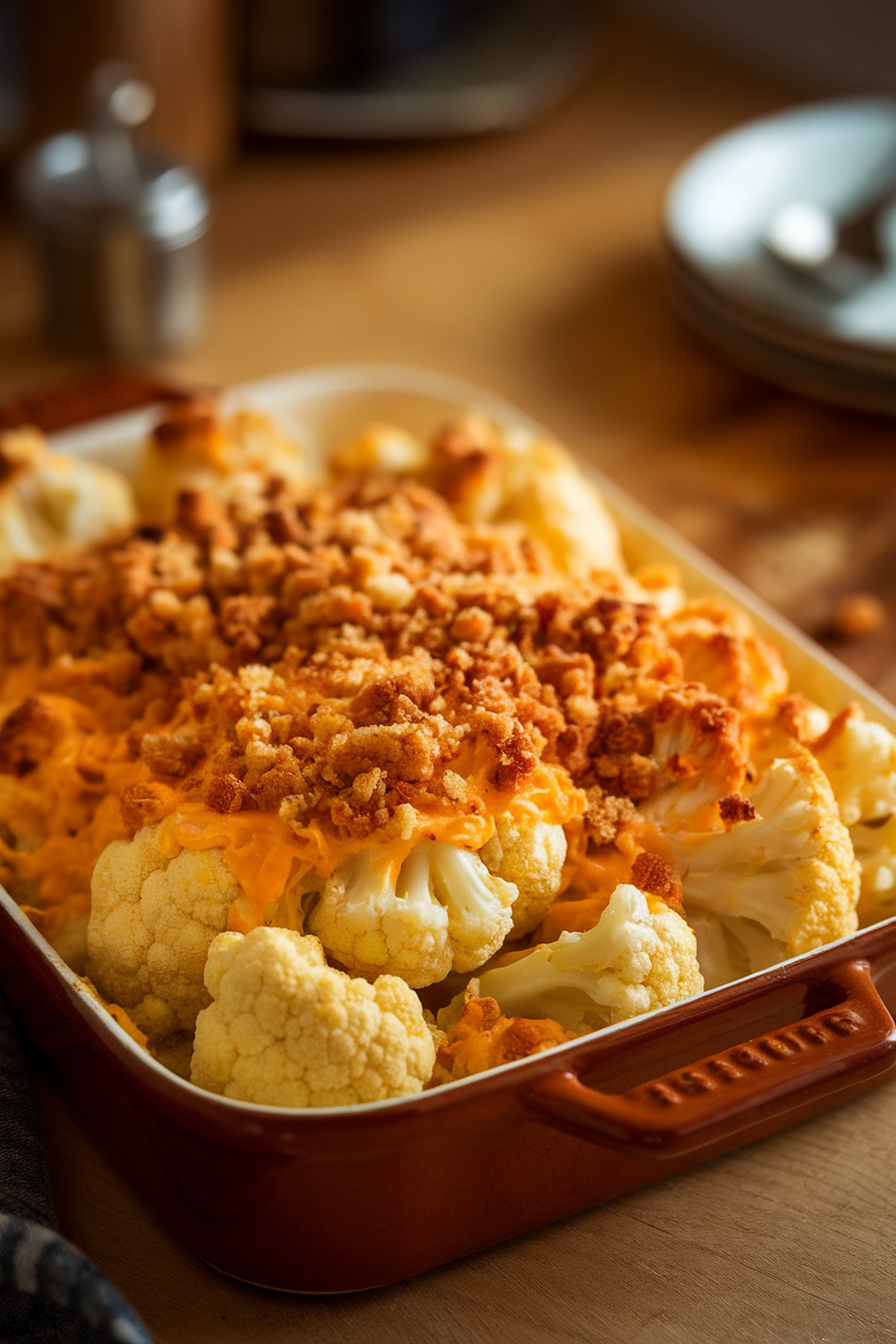 Warm indoor image of a bubbling baking dish of cauliflower florets cloaked in cheddar sauce, browned breadcrumbs on top. No text or logos.