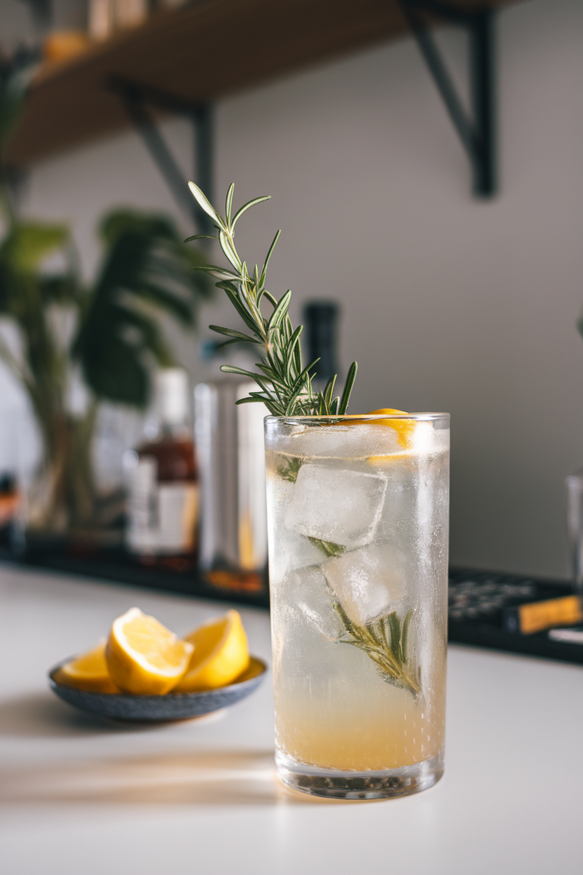 A modern indoor bar setting with a highball glass of pale, effervescent cocktail, ice cubes, and a rosemary sprig standing tall. No text or logos; photograph, not illustration.