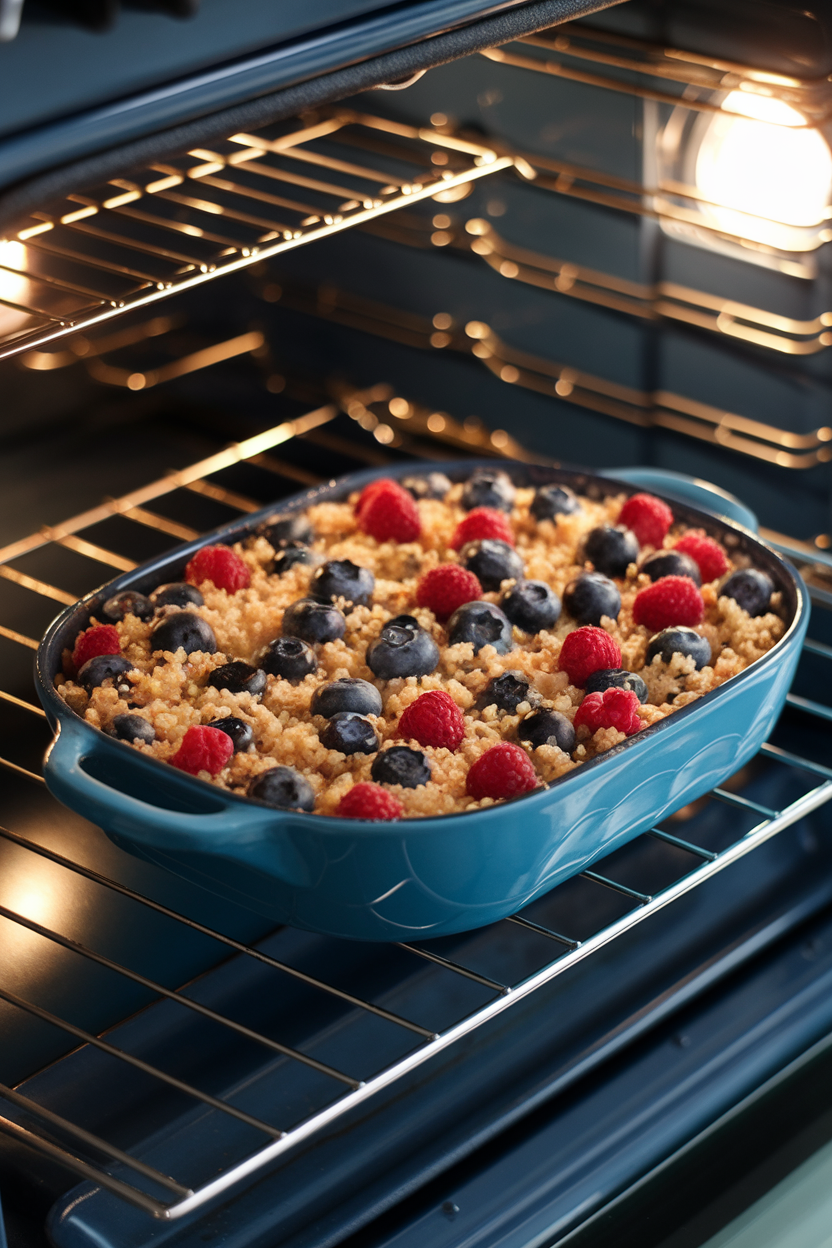 A warm indoor oven rack with a casserole dish containing a baked quinoa mixture studded with blueberries and raspberries. No text or logos present. Photo only.