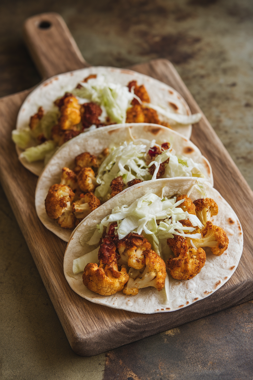 An indoor serving board with soft tortillas filled with roasted cauliflower florets coated in smoky spices, topped with cabbage slaw. No text or logos anywhere.
