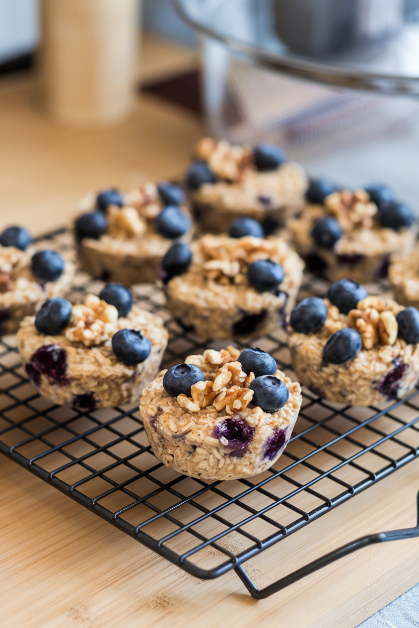 Indoor cooling rack holding individual baked oatmeal cups dotted with blueberries and topped with chopped walnuts. No text or logos visible. Photo only.