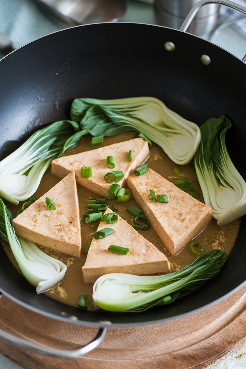An indoor wok containing cooked tofu triangles and bok choy leaves in a light ginger-garlic sauce. Photo, no text or logos.
