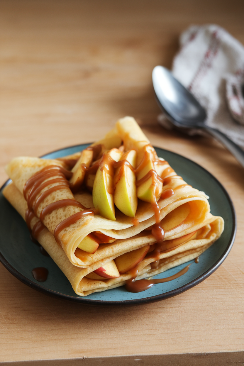 Indoor plate of folded crêpes filled with warm caramelized apples, caramel sauce drizzled on top. No text or logos. Photo, not illustration.