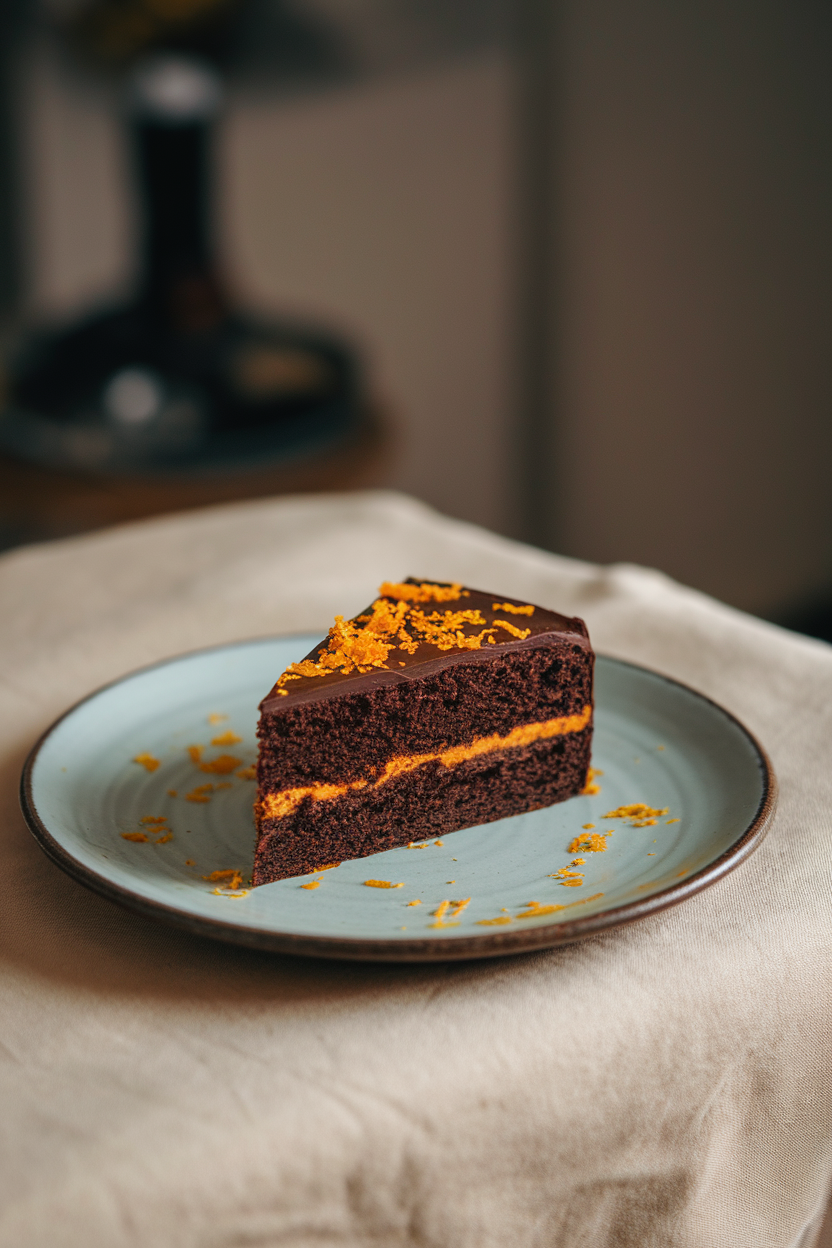 A softly lit indoor plate with a dark chocolate cake slice, orange zest flakes on top and a thin orange curd layer peeking through. No text or logos. Photo, not illustration.