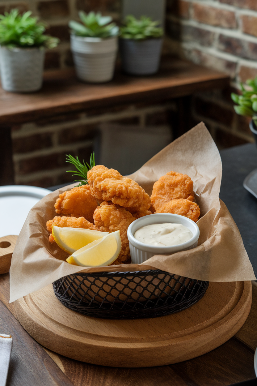 Photo of an indoor basket lined with paper holding crispy fried catfish nuggets, lemon wedges, and a small ramekin of tartar sauce; no text or logos.