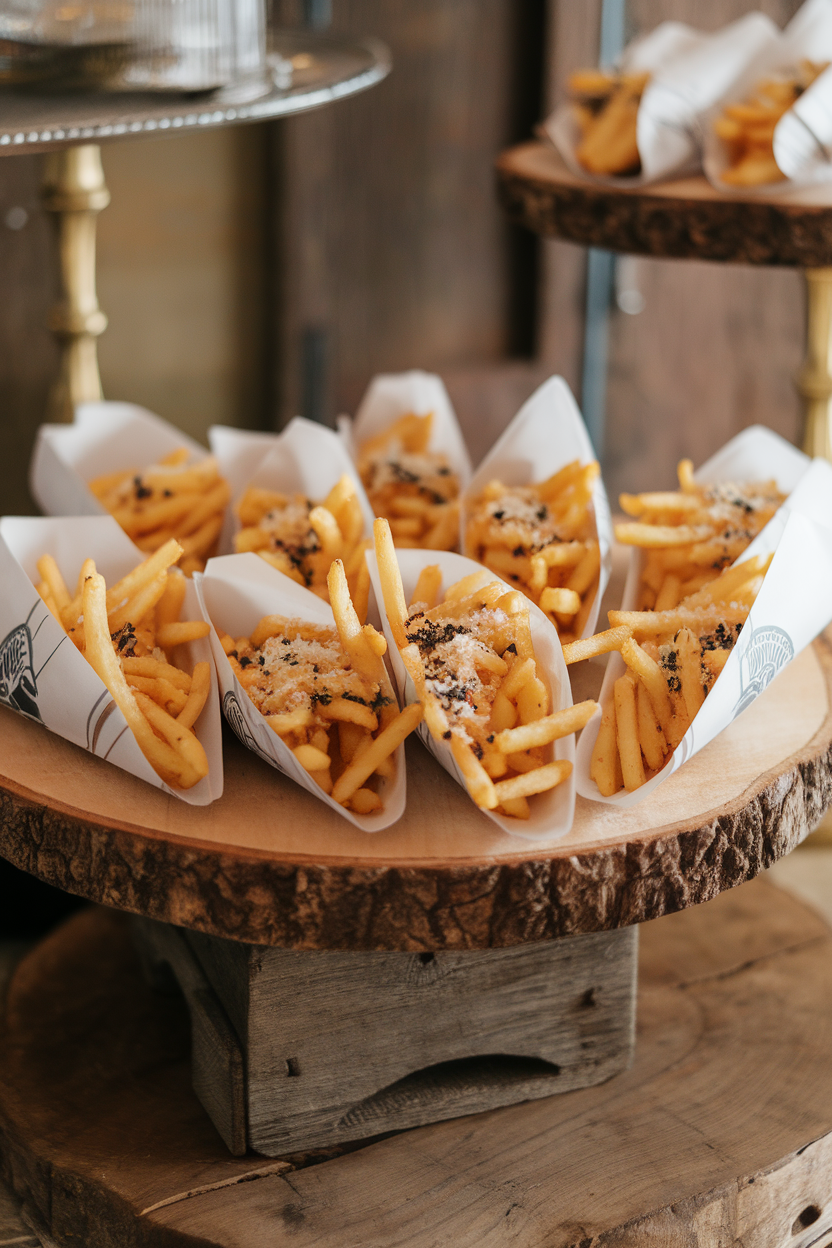 An indoor serving board holding parchment cones overflowing with golden shoestring fries dusted in grated Parmesan, light drizzle of truffle oil, no logos.