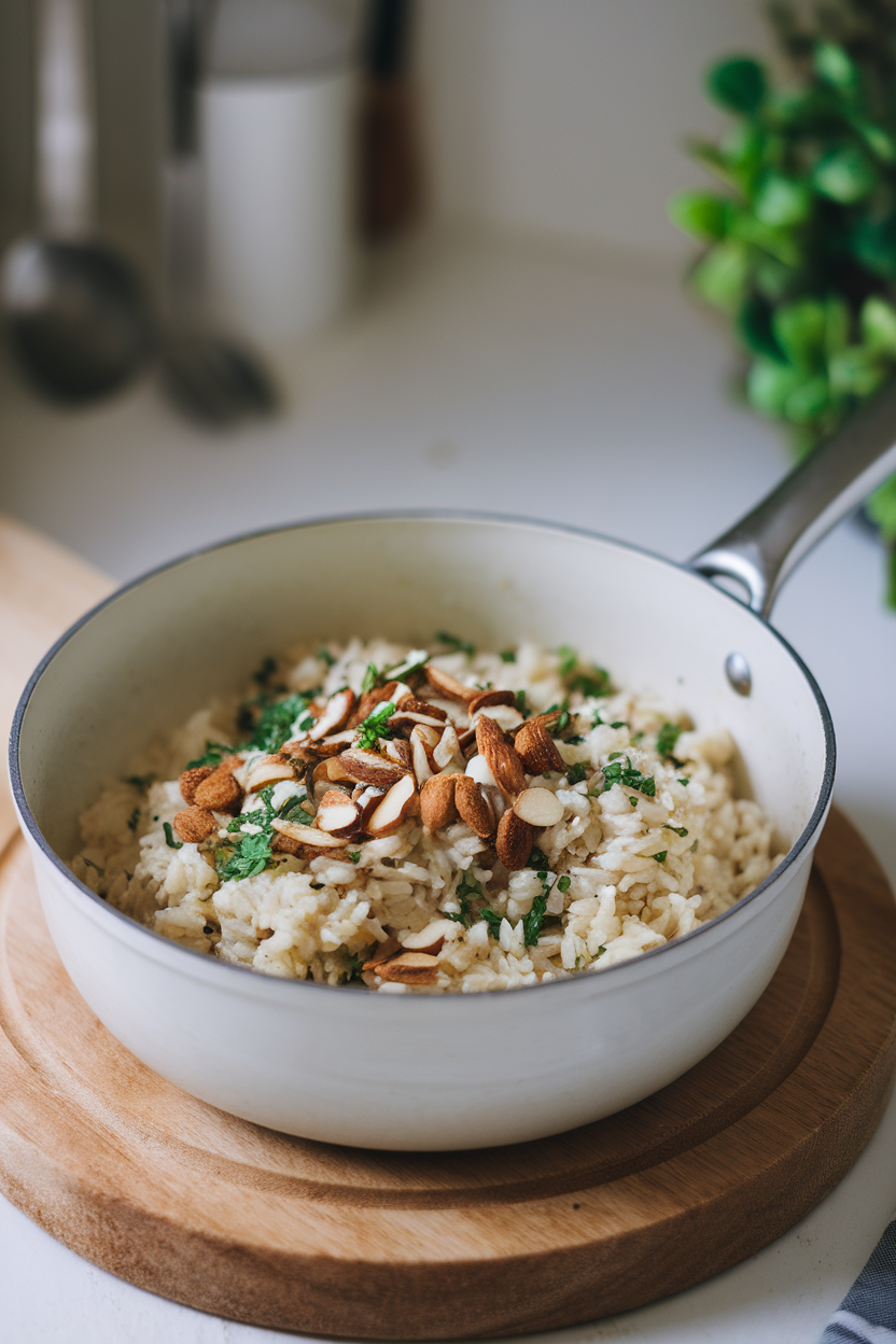 Indoor saucepan showing fluffy brown rice mixed with chopped herbs and toasted almonds, no text or logos