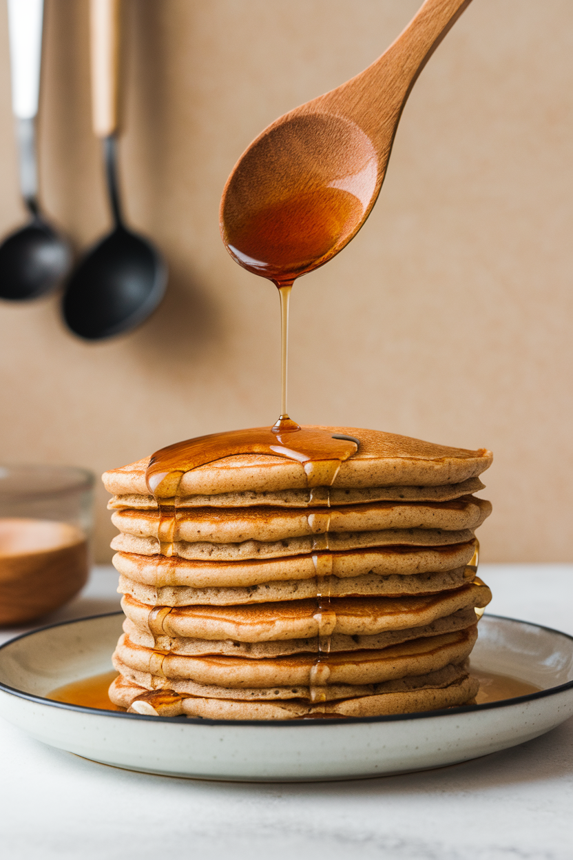 Indoor photo of a wooden spoon drizzling pure maple syrup over a stack of whole-grain pancakes; no text or logos.