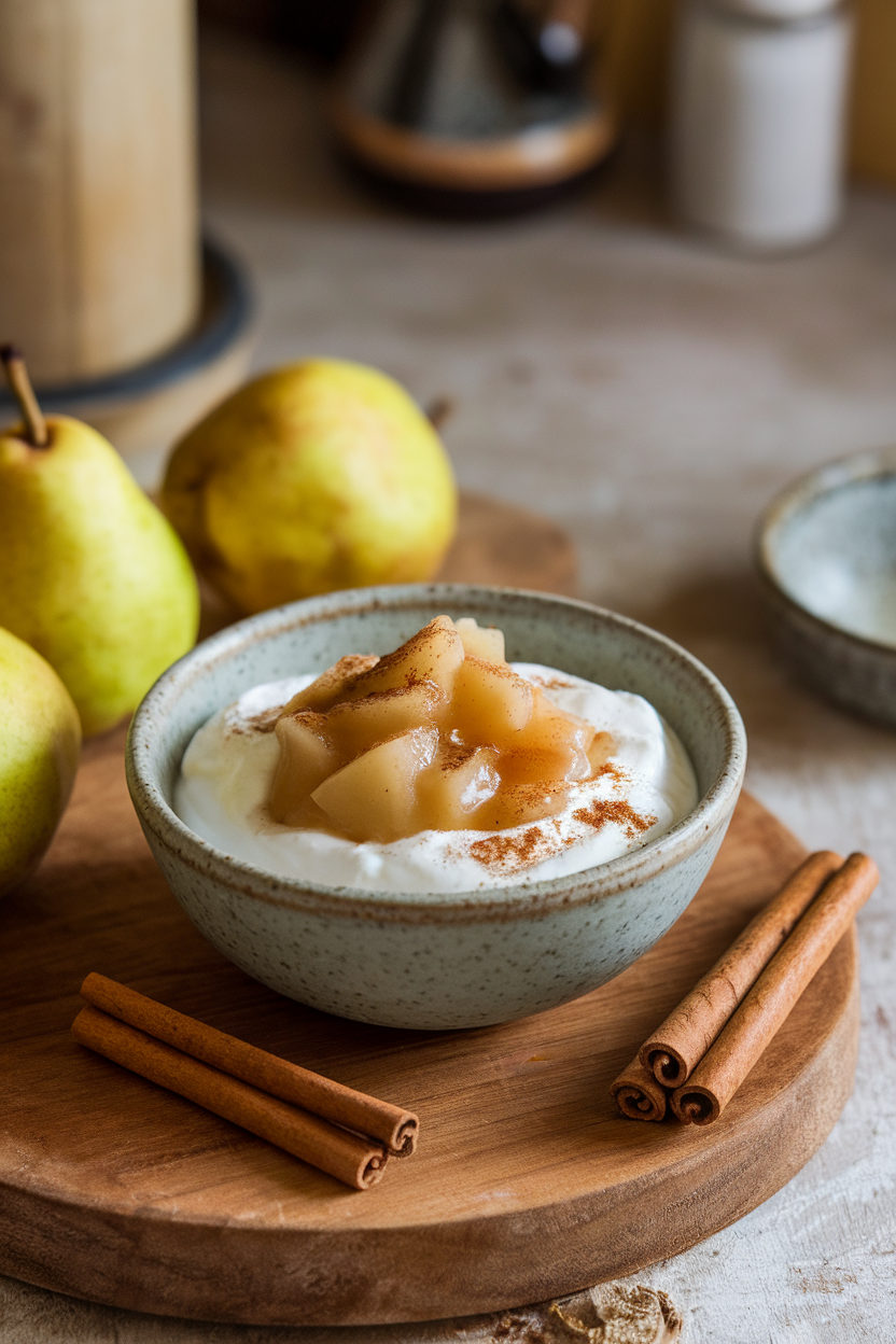 A small indoor bowl of creamy yogurt topped with warm pear compote and a sprinkle of cinnamon; no visible branding or text.