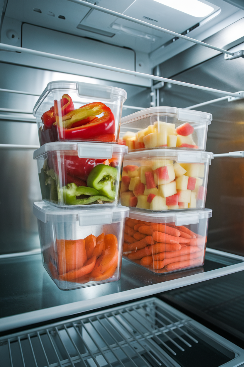 Photo of an indoor refrigerator interior with clear containers of sliced peppers, melon cubes, and baby carrots on the middle shelf, no logos or text.