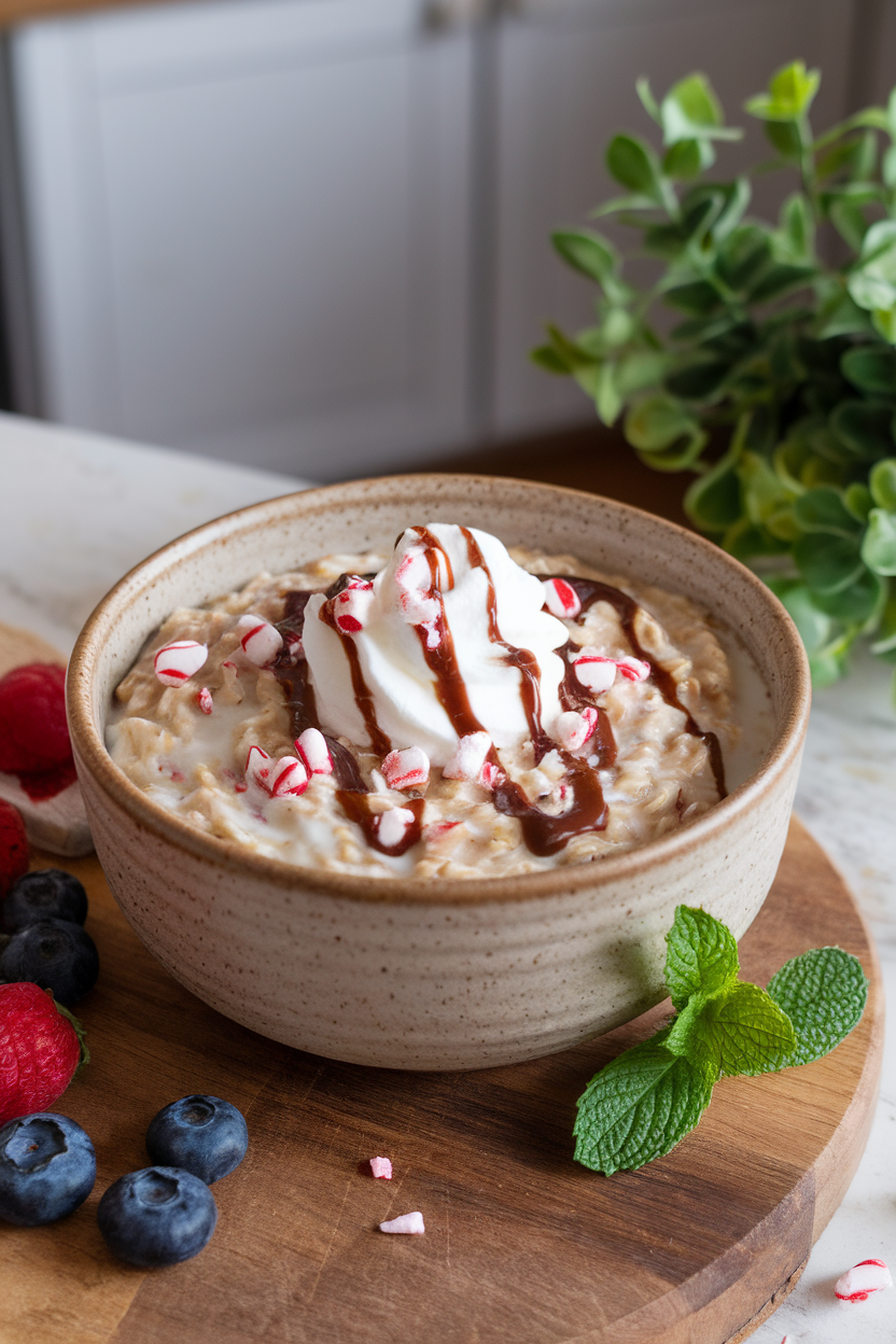 Photo of an indoor ceramic bowl of creamy oatmeal swirled with melted white chocolate and sprinkled with crushed candy canes. No text or logos visible.