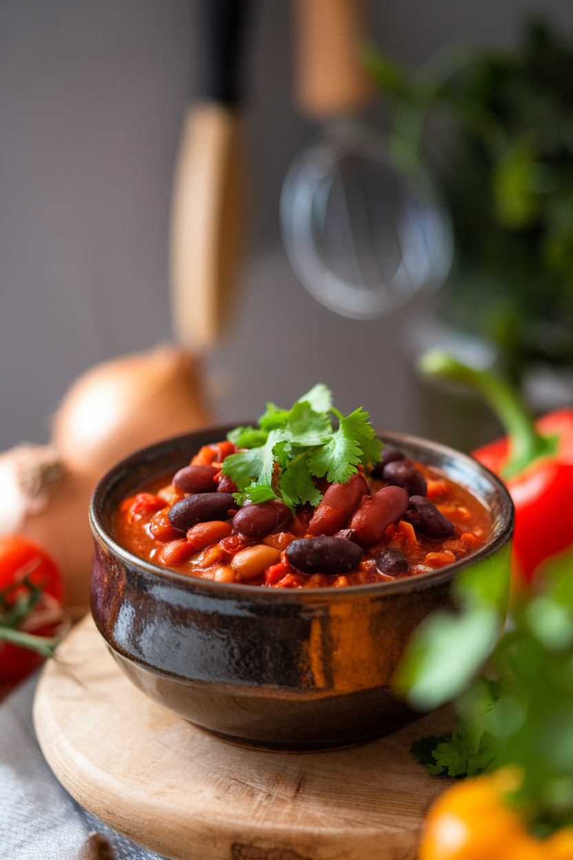 A photo taken indoors of a hearty chili in a ceramic bowl featuring kidney, pinto, and black beans, garnished with fresh cilantro. No text or logos.