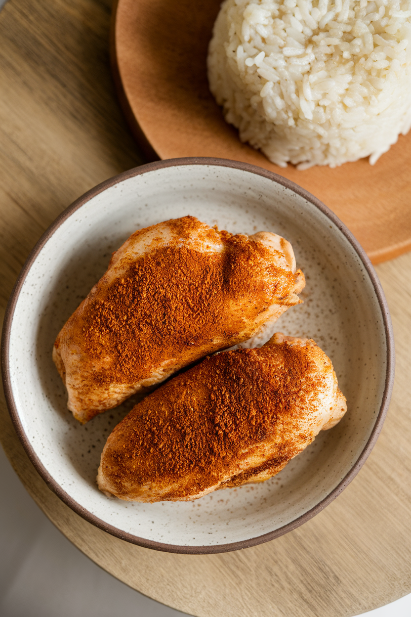 Indoor ceramic plate with air-fried chicken breast dusted in five-spice powder, steamed rice in background, overhead view. No text or logos.
