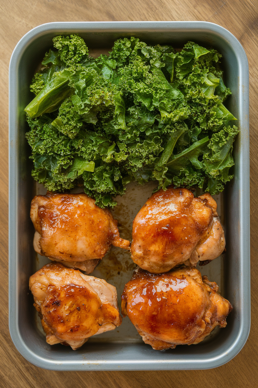 Indoor meal prep tray featuring glazed chicken thighs beside a mound of bright green steamed kale. No text or logos visible.