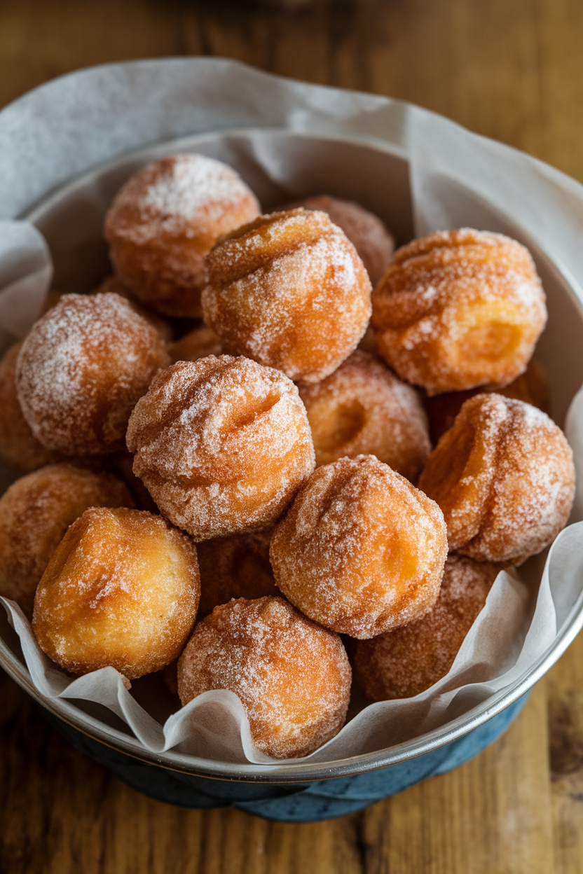 Indoor bowl lined with parchment holding cinnamon-sugar apple cider doughnut holes, still warm; no logos. Photo, not illustration.
