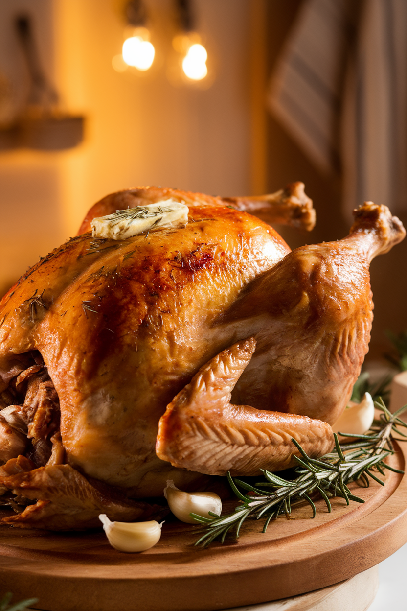 Indoor photo of a golden roast turkey on a carving board, brushed with herb butter, garnished with fresh rosemary and garlic cloves; warm kitchen lighting, no text or logos