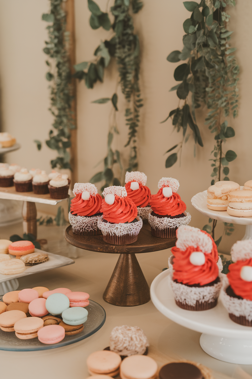 Photo of indoor dessert table showing cupcakes frosted in bright red buttercream peaks with piped white coconut “fur” rims and mini marshmallow pom-poms, no text or logos.