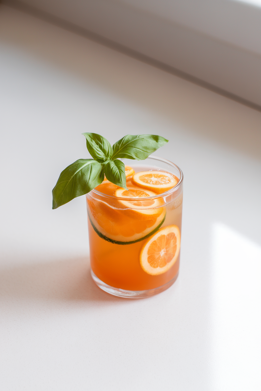 Indoor photo of small tumbler containing kumquat basil mocktail, visible sliced kumquat rounds, basil sprig; bright countertop; no text or logos.