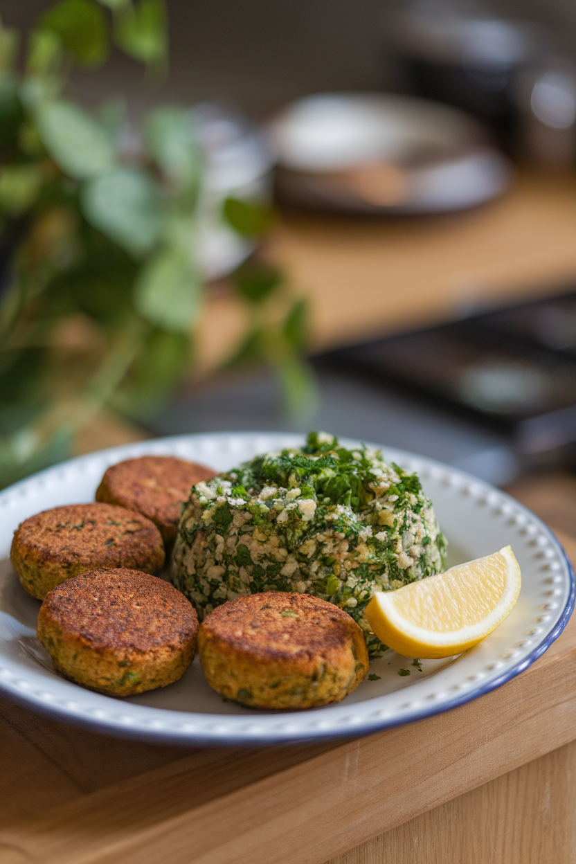 An indoor plate with baked falafel rounds alongside a mound of parsley-packed tabbouleh, lemon wedge resting nearby. No logos or text present.