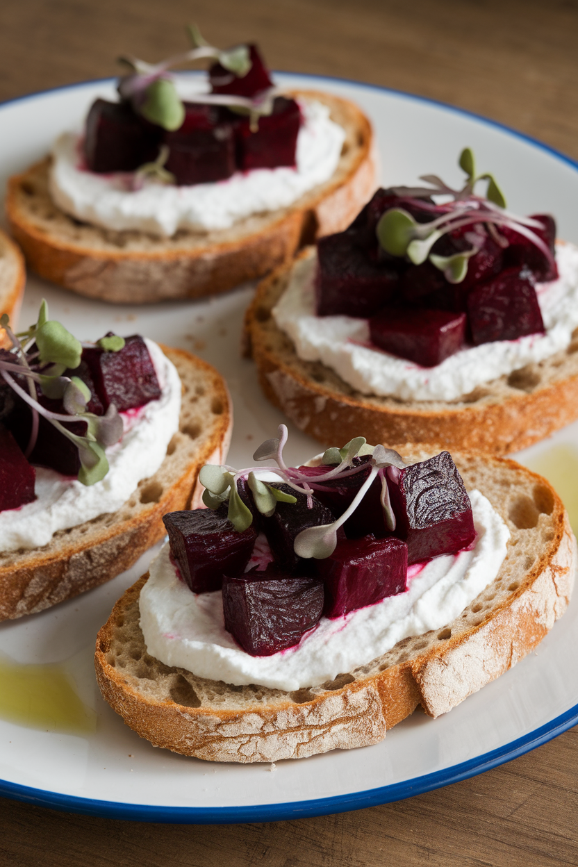 Indoor photo of toasted whole-grain baguette slices spread with whipped ricotta and topped with diced roasted beets and microgreens, drizzled lightly with olive oil. No text or logos.