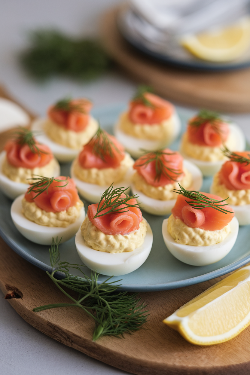 Photo of an indoor egg platter featuring deviled eggs topped with small folds of smoked salmon and fresh dill, softly lit. No text or logos visible.