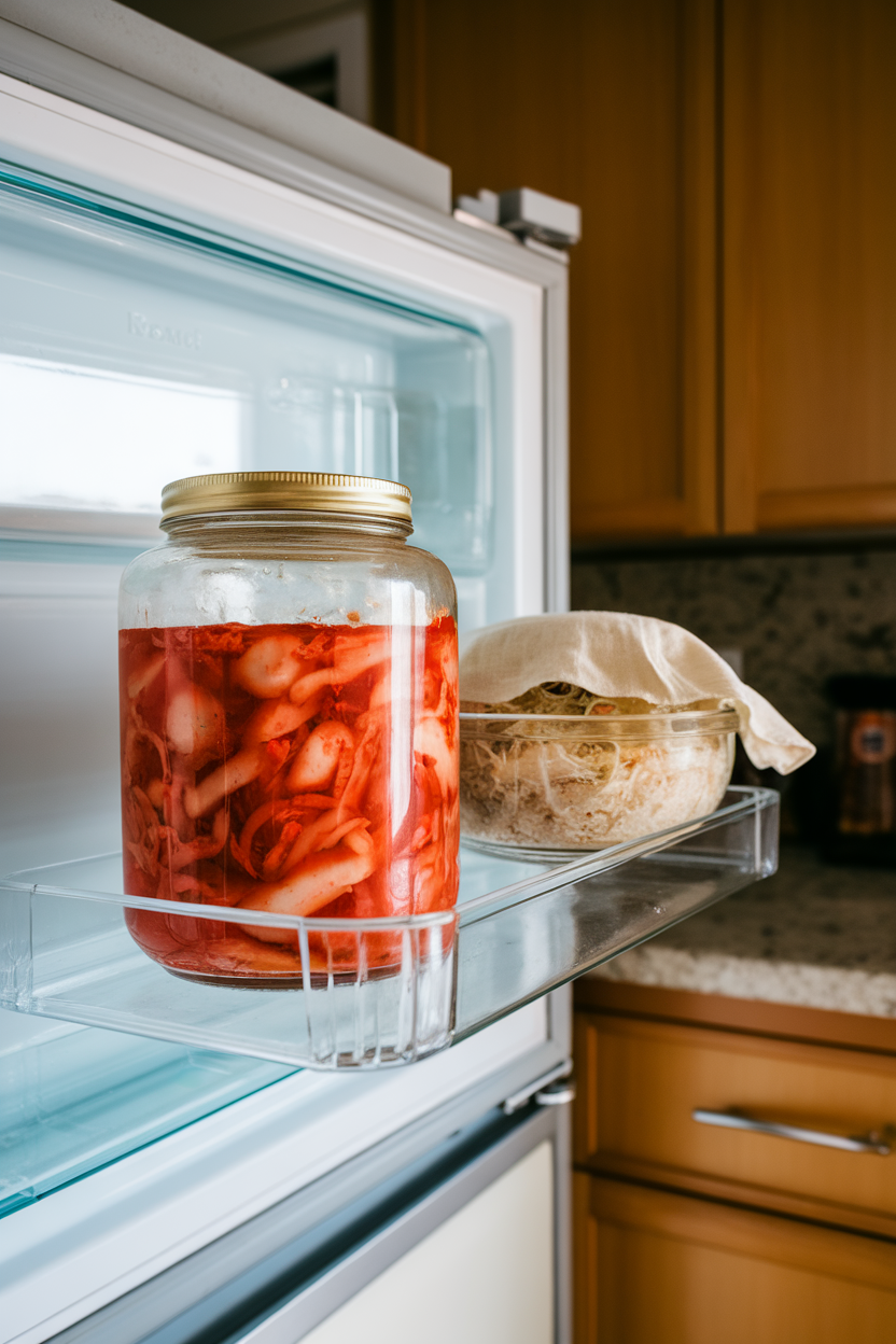 An indoor refrigerator door shelf holding an open jar of kimchi and a small bowl of sauerkraut, no logos.