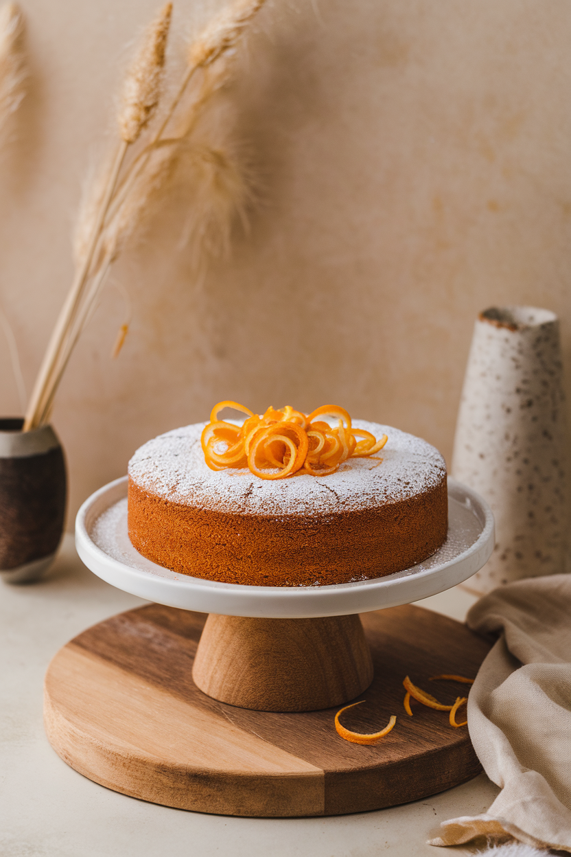 An indoor cake stand displaying a round olive oil cake dusted with powdered sugar and garnished with orange zest curls; no text or logos.