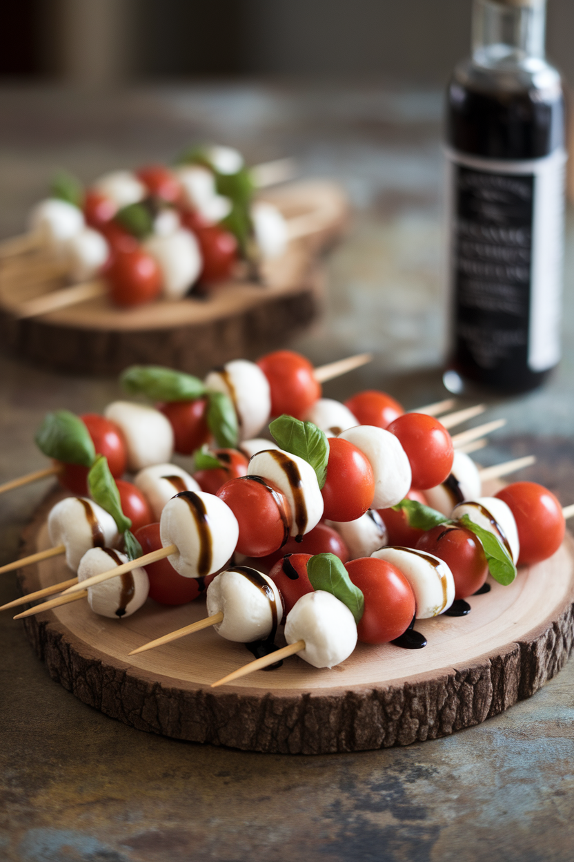 Photo of an indoor platter holding small skewers threaded with cherry tomatoes, fresh mozzarella pearls, and basil leaves, lightly drizzled with balsamic reduction. No text or logos present.