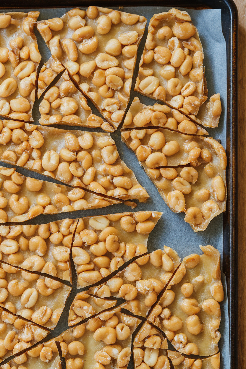 Indoor baking sheet with thin golden peanut brittle broken into jagged pieces; no logos. Photo, not illustration.