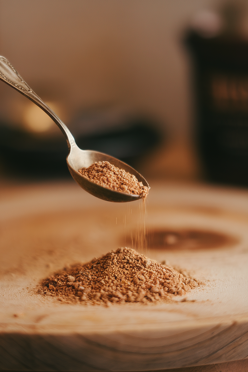 Indoor photo of ground cumin spilling from a vintage teaspoon onto a wooden surface; warm lighting, no text or logos