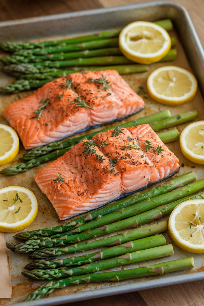 An indoor photo of a sheet pan featuring cooked salmon fillets alongside bright green asparagus spears, garnished with lemon slices and herbs. No text or logos.