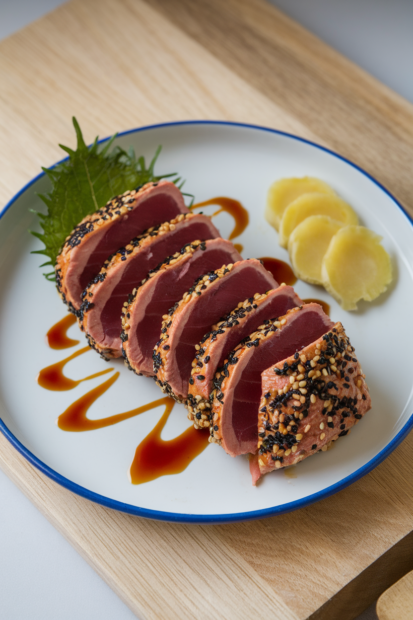 Indoor plate of sesame-crusted tuna seared to medium, sliced and fanned out beside pickled ginger and soy drizzle. No logos present. Photo.