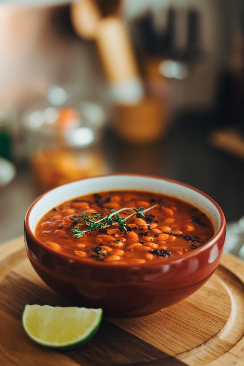 An indoor soup bowl filled with red bean soup flecked with thyme and Scotch bonnet pepper, served with lime wedge. No text or logos.