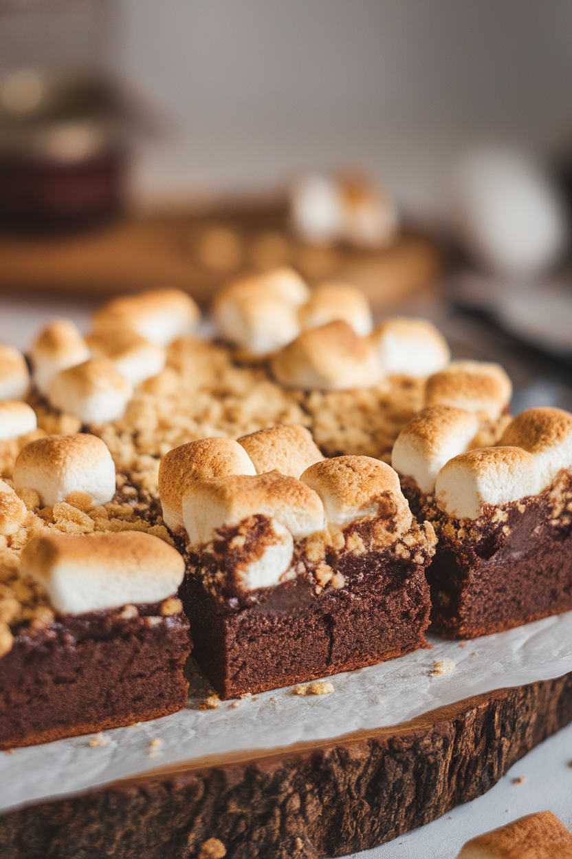 Indoor photo of brownie bars topped with toasted marshmallows and graham cracker crumbs, gooey interior visible, no text or logos
