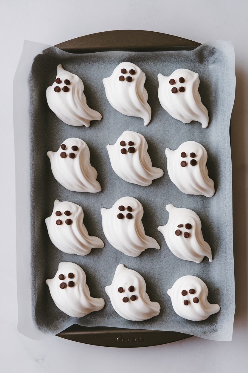 An indoor baking tray lined with parchment holding glossy white meringue ghosts with mini chocolate chip eyes. Soft overhead lighting, no text or logos.