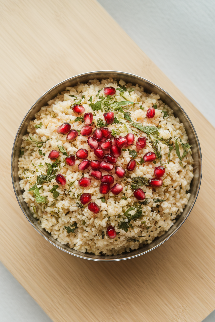 Indoor photo of fluffy bulgur mixed with herbs and jeweled pomegranate seeds in a shallow dish; overhead light, no text or logos