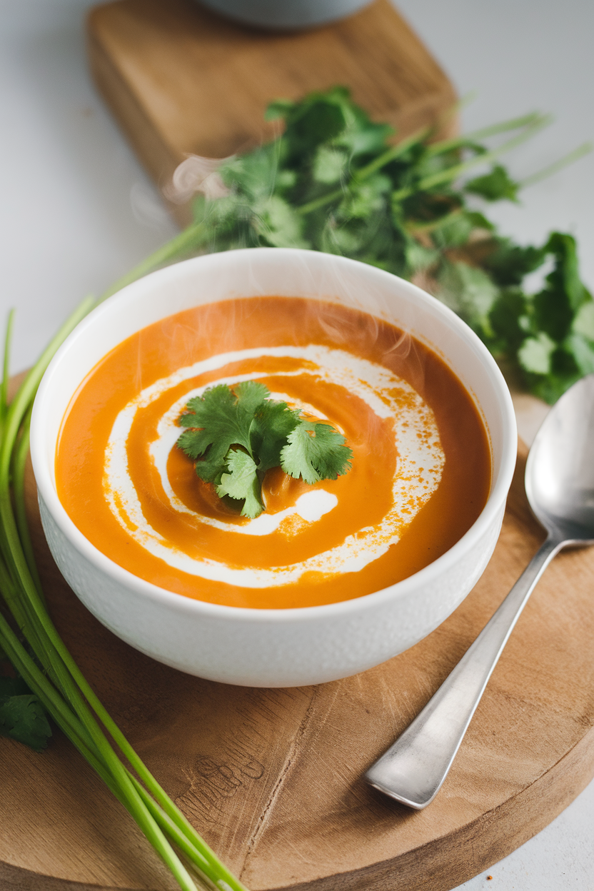 Photo of a steaming bowl of golden carrot soup garnished with a swirl of coconut milk and fresh cilantro, shot indoors, no text or logos