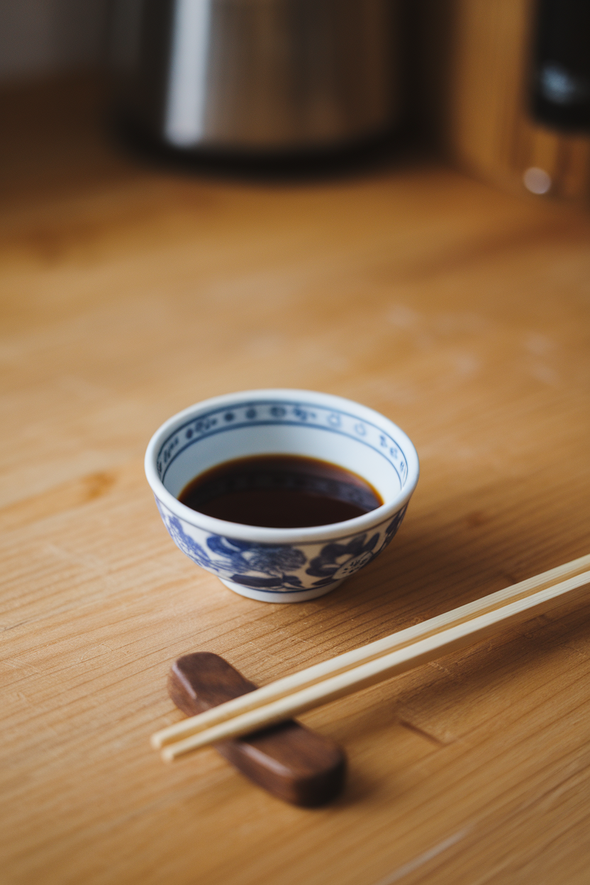 Indoor photo of a small porcelain dish filled with dark tamari beside wooden chopsticks on a countertop; no text or logos
