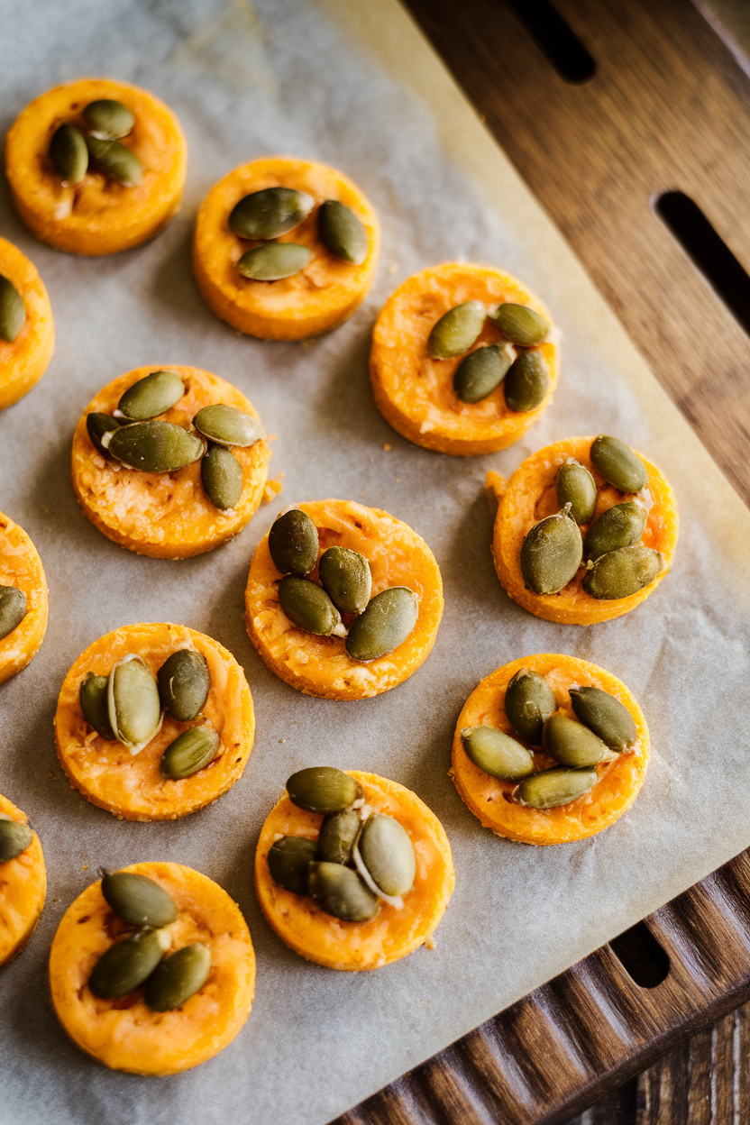 Small round crisps of melted Parmesan and pumpkin seeds on parchment, indoors. No text or logos.