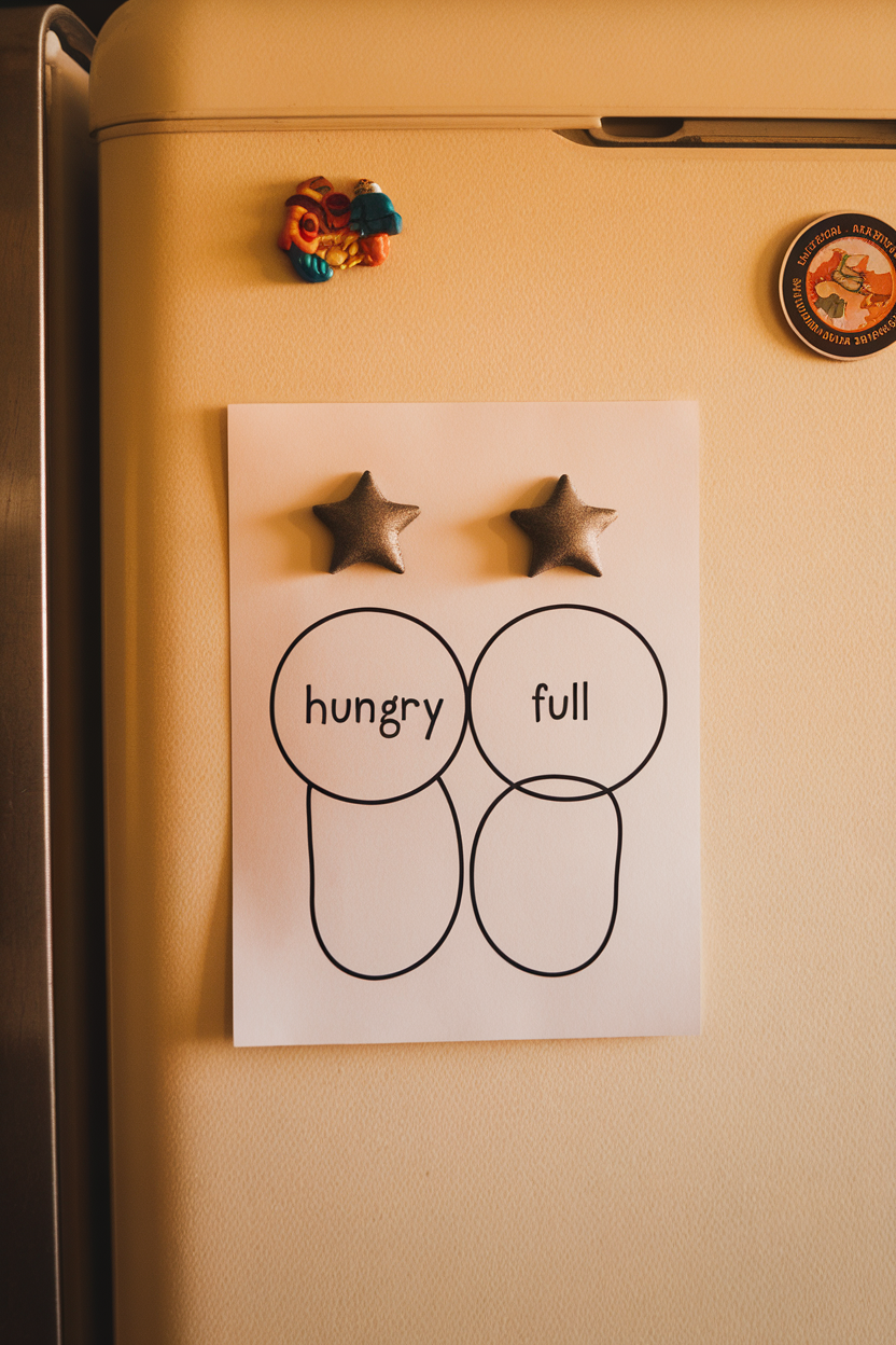 Indoor photo of a simple illustrated “hungry/full” feelings chart on a refrigerator door, no text or logos