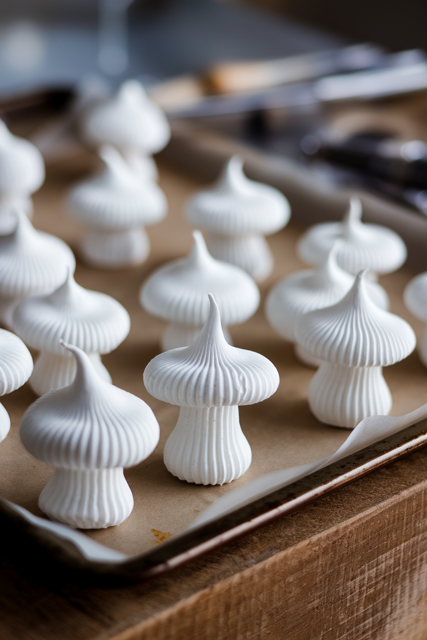 Indoor baking sheet with crisp white meringue mushroom caps and stems ready to be assembled, no text or logos